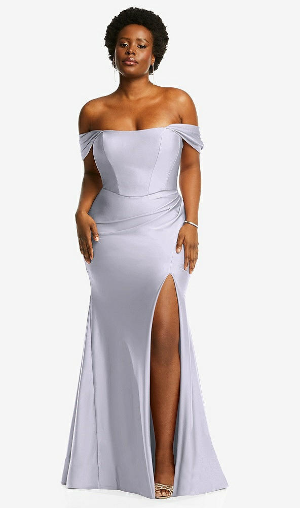 Front View - Silver Dove Off-the-Shoulder Corset Stretch Satin Mermaid Dress with Slight Train