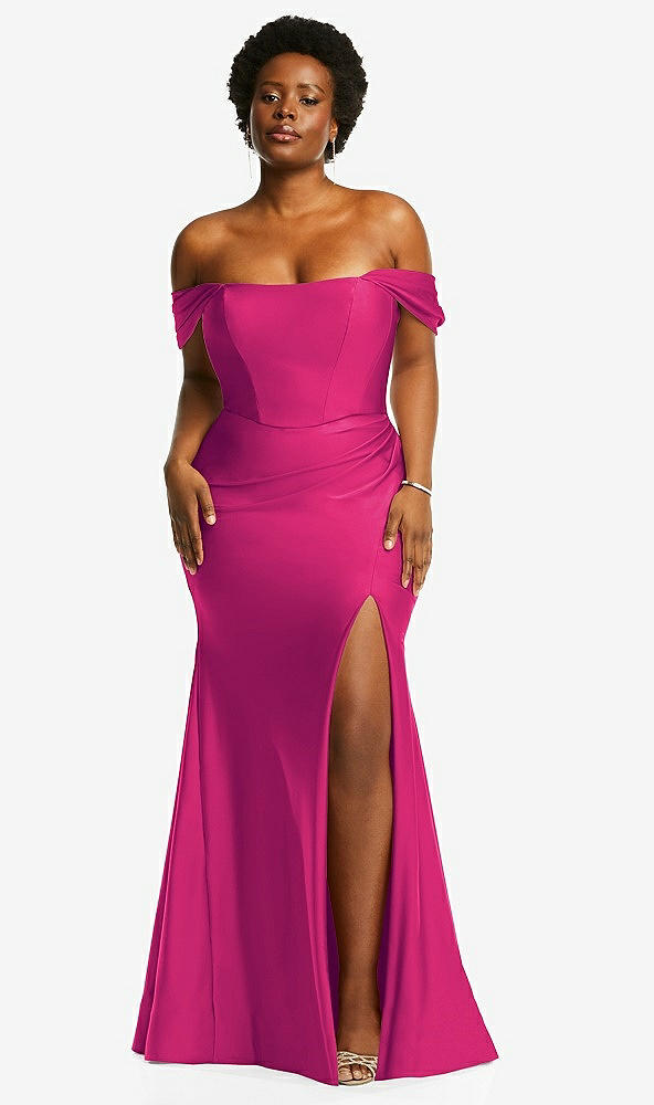 Front View - Think Pink Off-the-Shoulder Corset Stretch Satin Mermaid Dress with Slight Train