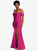 Side View Thumbnail - Think Pink Off-the-Shoulder Corset Stretch Satin Mermaid Dress with Slight Train