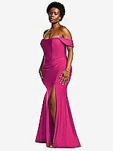 Rear View Thumbnail - Think Pink Off-the-Shoulder Corset Stretch Satin Mermaid Dress with Slight Train