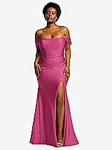 Front View Thumbnail - Tea Rose Off-the-Shoulder Corset Stretch Satin Mermaid Dress with Slight Train
