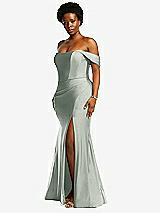 Side View Thumbnail - Willow Green Off-the-Shoulder Corset Stretch Satin Mermaid Dress with Slight Train