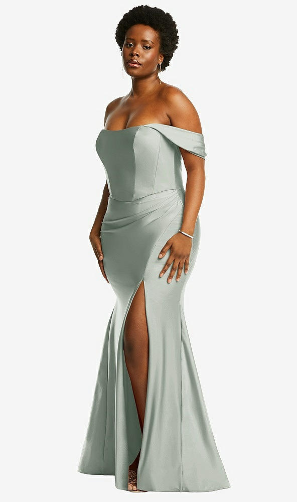 Back View - Willow Green Off-the-Shoulder Corset Stretch Satin Mermaid Dress with Slight Train