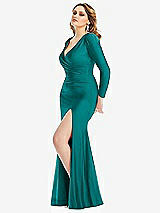 Side View Thumbnail - Peacock Teal Long Sleeve Draped Wrap Stretch Satin Mermaid Dress with Slight Train