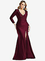 Front View Thumbnail - Cabernet Long Sleeve Draped Wrap Stretch Satin Mermaid Dress with Slight Train