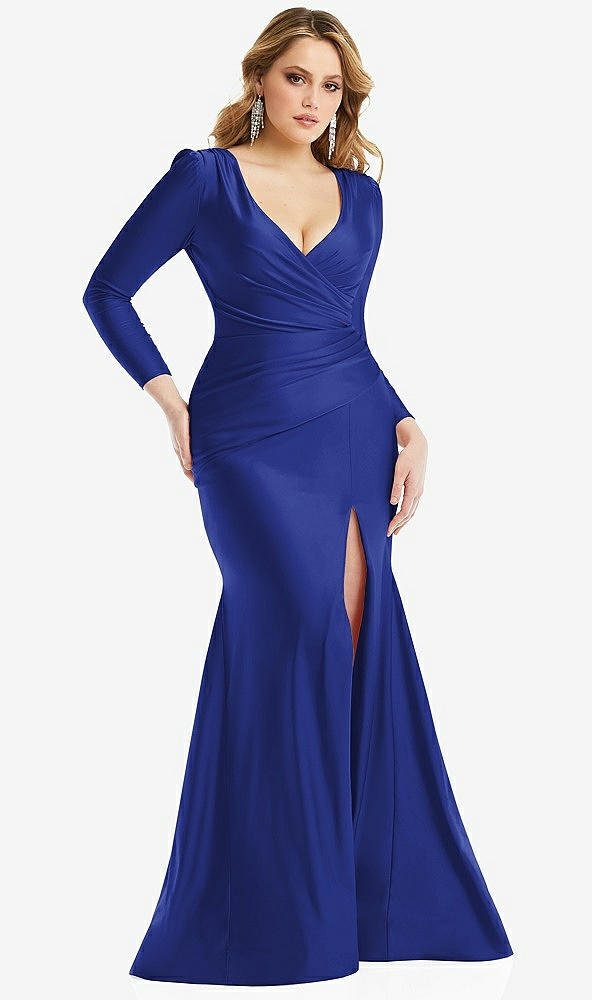 Front View - Cobalt Blue Long Sleeve Draped Wrap Stretch Satin Mermaid Dress with Slight Train