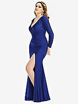 Side View Thumbnail - Cobalt Blue Long Sleeve Draped Wrap Stretch Satin Mermaid Dress with Slight Train