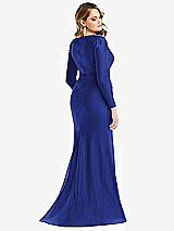 Rear View Thumbnail - Cobalt Blue Long Sleeve Draped Wrap Stretch Satin Mermaid Dress with Slight Train