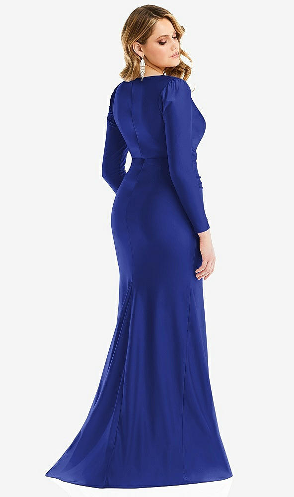 Back View - Cobalt Blue Long Sleeve Draped Wrap Stretch Satin Mermaid Dress with Slight Train