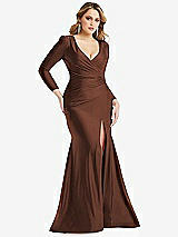 Front View Thumbnail - Cognac Long Sleeve Draped Wrap Stretch Satin Mermaid Dress with Slight Train