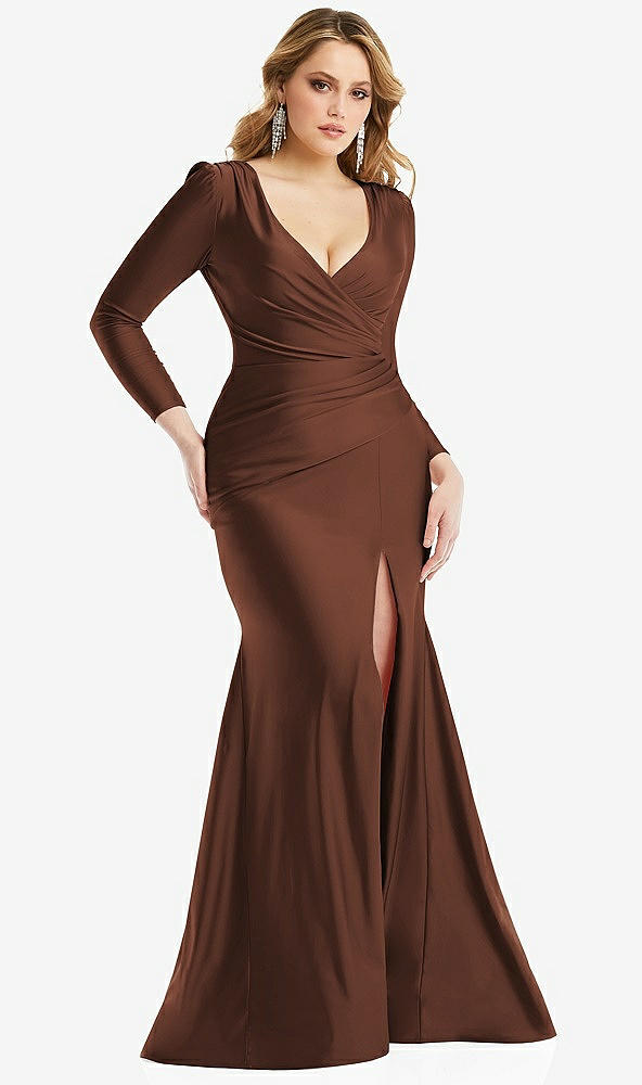 Front View - Cognac Long Sleeve Draped Wrap Stretch Satin Mermaid Dress with Slight Train