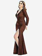 Side View Thumbnail - Cognac Long Sleeve Draped Wrap Stretch Satin Mermaid Dress with Slight Train