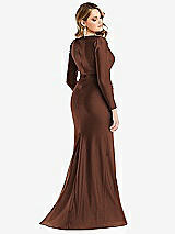 Rear View Thumbnail - Cognac Long Sleeve Draped Wrap Stretch Satin Mermaid Dress with Slight Train
