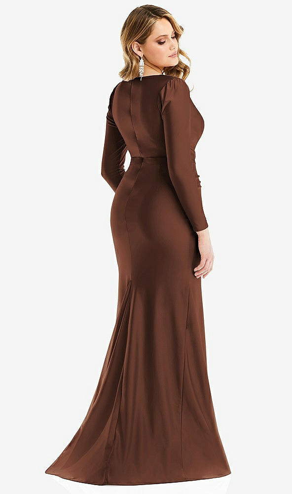 Back View - Cognac Long Sleeve Draped Wrap Stretch Satin Mermaid Dress with Slight Train