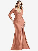 Front View Thumbnail - Copper Penny Long Sleeve Draped Wrap Stretch Satin Mermaid Dress with Slight Train