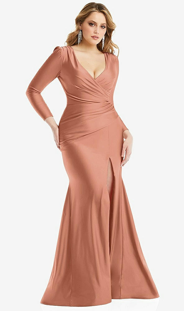 Front View - Copper Penny Long Sleeve Draped Wrap Stretch Satin Mermaid Dress with Slight Train