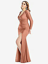 Side View Thumbnail - Copper Penny Long Sleeve Draped Wrap Stretch Satin Mermaid Dress with Slight Train