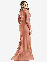 Rear View Thumbnail - Copper Penny Long Sleeve Draped Wrap Stretch Satin Mermaid Dress with Slight Train