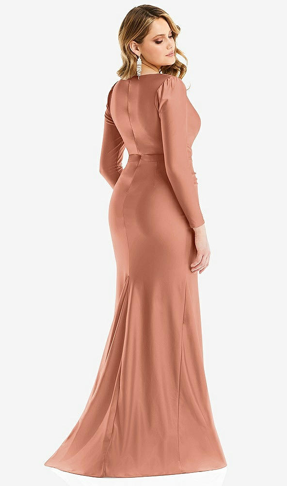 Back View - Copper Penny Long Sleeve Draped Wrap Stretch Satin Mermaid Dress with Slight Train
