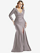 Front View Thumbnail - Cashmere Gray Long Sleeve Draped Wrap Stretch Satin Mermaid Dress with Slight Train