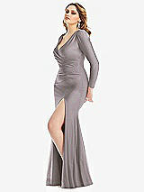Side View Thumbnail - Cashmere Gray Long Sleeve Draped Wrap Stretch Satin Mermaid Dress with Slight Train