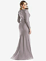 Rear View Thumbnail - Cashmere Gray Long Sleeve Draped Wrap Stretch Satin Mermaid Dress with Slight Train
