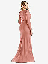 Rear View Thumbnail - Desert Rose Long Sleeve Draped Wrap Stretch Satin Mermaid Dress with Slight Train