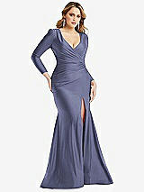 Front View Thumbnail - French Blue Long Sleeve Draped Wrap Stretch Satin Mermaid Dress with Slight Train
