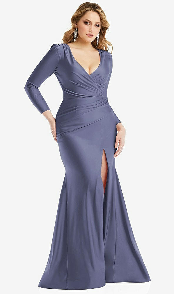 Front View - French Blue Long Sleeve Draped Wrap Stretch Satin Mermaid Dress with Slight Train