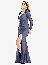 Side View Thumbnail - French Blue Long Sleeve Draped Wrap Stretch Satin Mermaid Dress with Slight Train