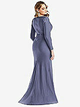 Rear View Thumbnail - French Blue Long Sleeve Draped Wrap Stretch Satin Mermaid Dress with Slight Train