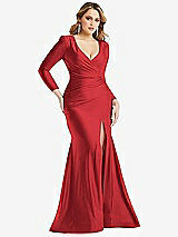 Front View Thumbnail - Poppy Red Long Sleeve Draped Wrap Stretch Satin Mermaid Dress with Slight Train