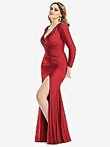 Side View Thumbnail - Poppy Red Long Sleeve Draped Wrap Stretch Satin Mermaid Dress with Slight Train
