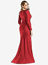 Rear View Thumbnail - Poppy Red Long Sleeve Draped Wrap Stretch Satin Mermaid Dress with Slight Train