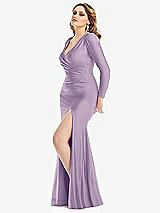 Side View Thumbnail - Pale Purple Long Sleeve Draped Wrap Stretch Satin Mermaid Dress with Slight Train