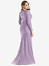 Rear View Thumbnail - Pale Purple Long Sleeve Draped Wrap Stretch Satin Mermaid Dress with Slight Train