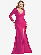 Front View Thumbnail - Think Pink Long Sleeve Draped Wrap Stretch Satin Mermaid Dress with Slight Train