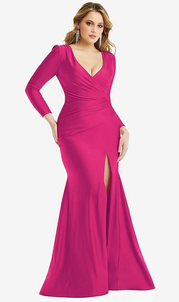 Front View - Think Pink Long Sleeve Draped Wrap Stretch Satin Mermaid Dress with Slight Train