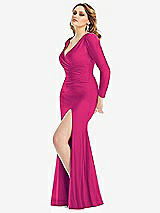 Side View Thumbnail - Think Pink Long Sleeve Draped Wrap Stretch Satin Mermaid Dress with Slight Train