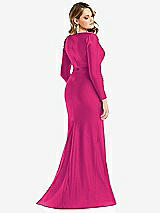 Rear View Thumbnail - Think Pink Long Sleeve Draped Wrap Stretch Satin Mermaid Dress with Slight Train