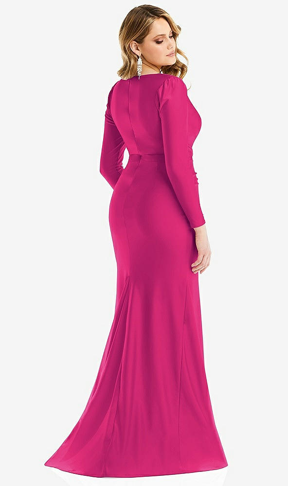 Back View - Think Pink Long Sleeve Draped Wrap Stretch Satin Mermaid Dress with Slight Train