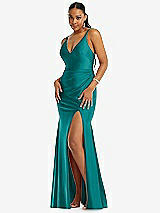 Front View Thumbnail - Peacock Teal Deep V-Neck Stretch Satin Mermaid Dress with Slight Train