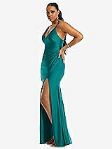 Side View Thumbnail - Peacock Teal Deep V-Neck Stretch Satin Mermaid Dress with Slight Train