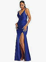 Front View Thumbnail - Cobalt Blue Deep V-Neck Stretch Satin Mermaid Dress with Slight Train