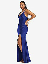 Side View Thumbnail - Cobalt Blue Deep V-Neck Stretch Satin Mermaid Dress with Slight Train