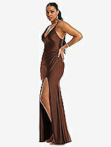 Side View Thumbnail - Cognac Deep V-Neck Stretch Satin Mermaid Dress with Slight Train
