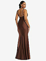 Rear View Thumbnail - Cognac Deep V-Neck Stretch Satin Mermaid Dress with Slight Train