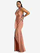 Side View Thumbnail - Copper Penny Deep V-Neck Stretch Satin Mermaid Dress with Slight Train