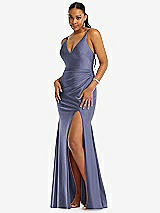 Front View Thumbnail - French Blue Deep V-Neck Stretch Satin Mermaid Dress with Slight Train
