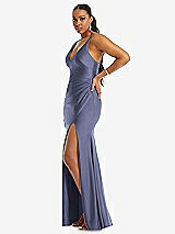 Side View Thumbnail - French Blue Deep V-Neck Stretch Satin Mermaid Dress with Slight Train